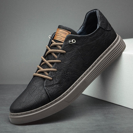 Lace Up Leather Shoes for Men: black, gray low-top lace-up sneaker, casual minimal style