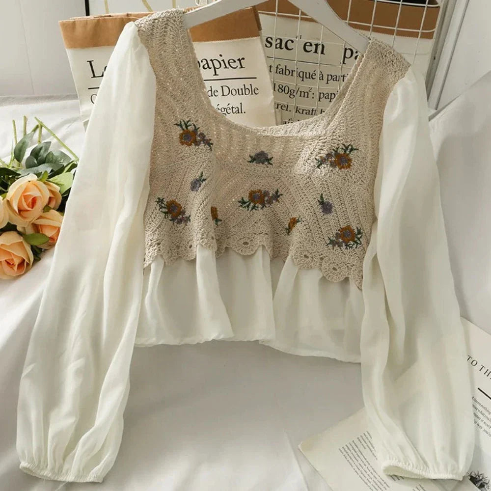 Crocheted Women's Top with Layered Floral Chiffon