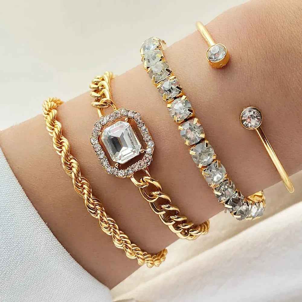 Polished 4 Piece Link Bracelet Collection with Adjustable Clasps