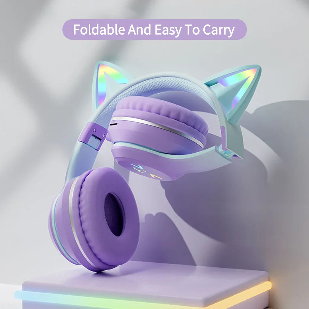 RGB Foldable Bluetooth Headphones with Cat Ear Design