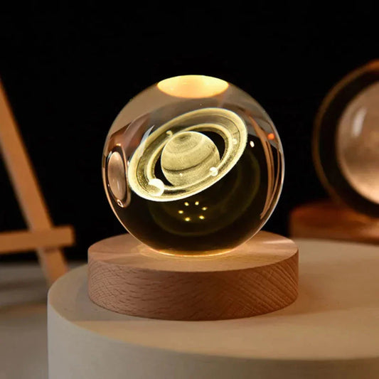 Crystal Ball Engraved with 3D Laser Technology: clear, gold Saturn planet, minimal celestial decor style