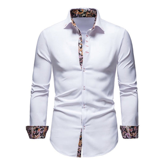 Button-Down Men's Shirt with Botanical Accents: white, multicolor floral/paisley print long-sleeve button-up shirt, dressy pa
