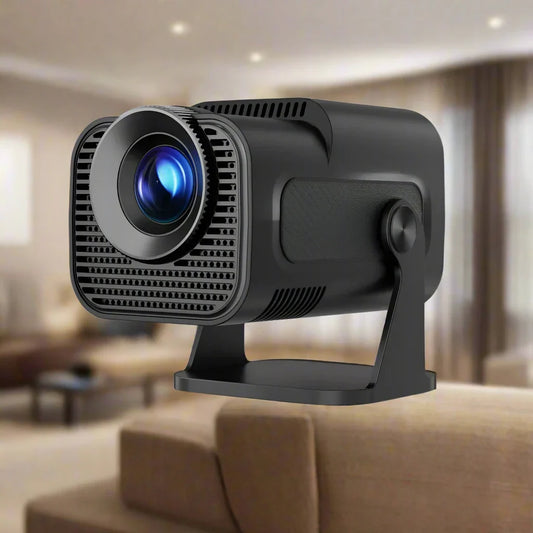 Compact High-Definition Projector: black, dark gray projector, minimal modern style