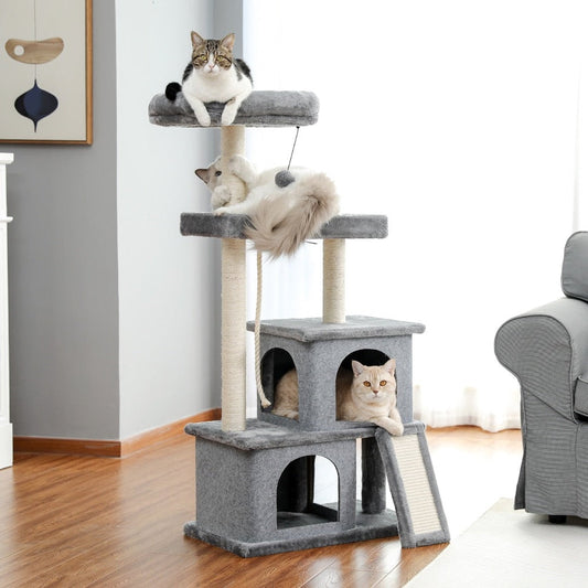 Entertainment Tower with Stairs for Cats: gray, beige cats, minimal pet furniture style