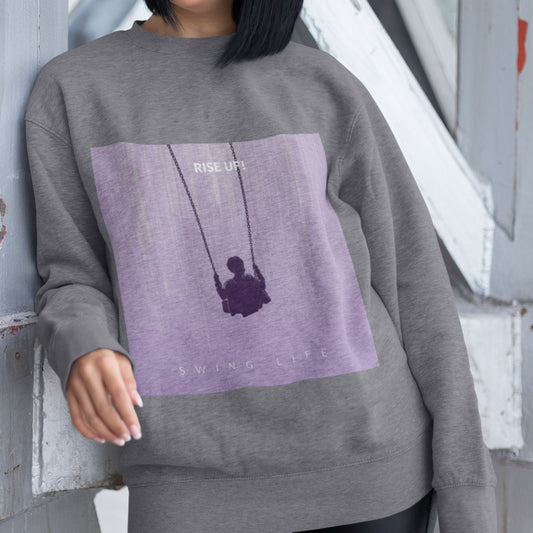 Purple Logo Sweatshirt for Women: charcoal gray, lavender purple silhouette of a person on a swing, minimal graphic casual st
