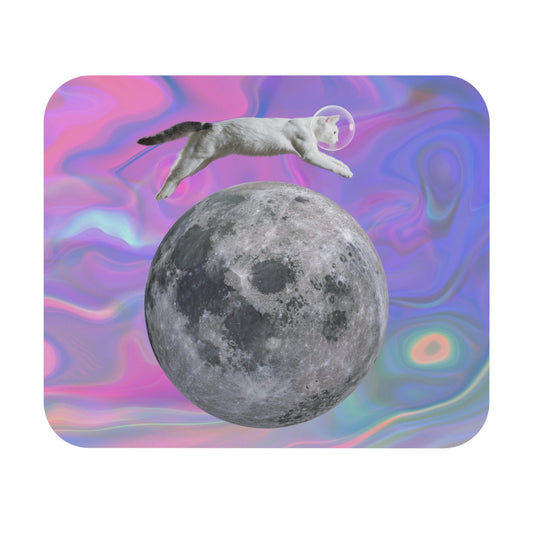 Cat Astronaut Leaping Over Moon Mouse Pad: gray, purple cat floating above the moon, surreal cartoon collage style