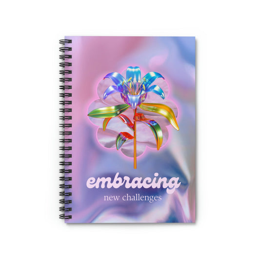 Embrace Fresh Obstacles Spiral Notebook: pink, purple stylized flower, colorful glossy graphic design style