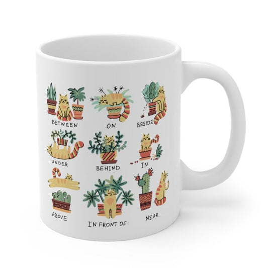 Perfect Blend: Mug for Cat Lovers and Plant Enthusiasts: white, green giraffes and potted plants, cartoon, playful style