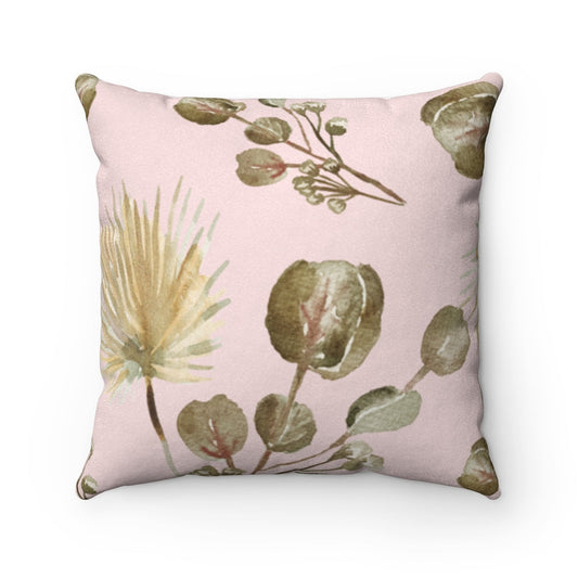 Double-Sided Faux Suede Square Cushion with Floral Motif: pale pink, olive green botanical floral theme, botanical watercolor