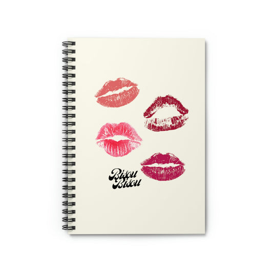 Spiral Notebook with Bisou Bisou Kisses Design: off-white, black lip prints, minimal graphic style