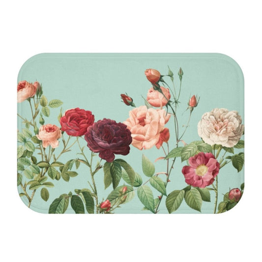 Teal Bath Mat Home Accents - A Delightful Addition to Your Rose Garden: mint green, green floral rose theme, vintage botanica