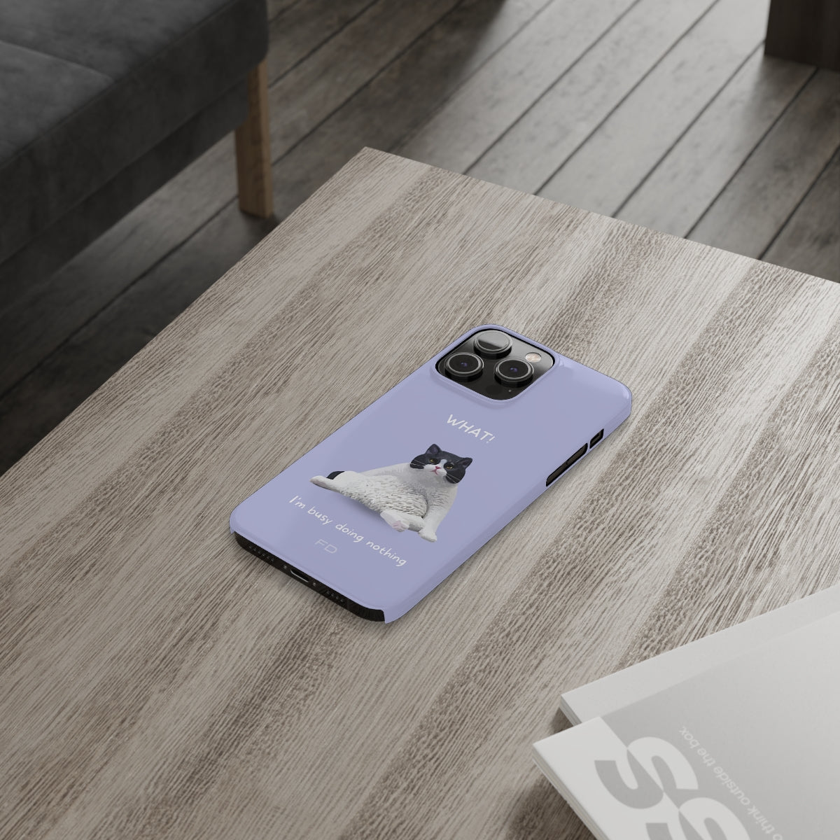 Humorous Feline Design Lavender Sleek Case for iPhone 14, 14 PRO, and 14 PRO MAX