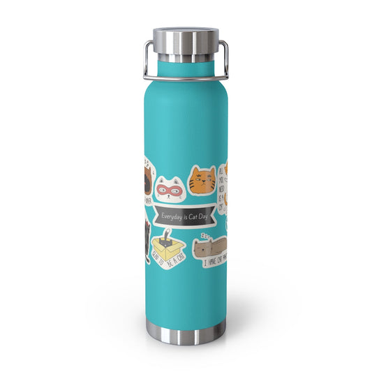 Cat Lover's Thermos Bottle, 22oz: turquoise, silver cats, cartoon kawaii style