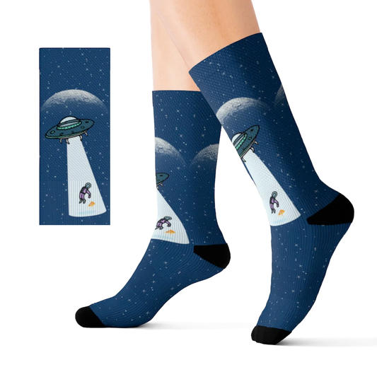 Pizza Extraterrestrial Adventure Novelty Socks: dark navy blue, black UFOs abducting small human figures, cartoon sci-fi styl