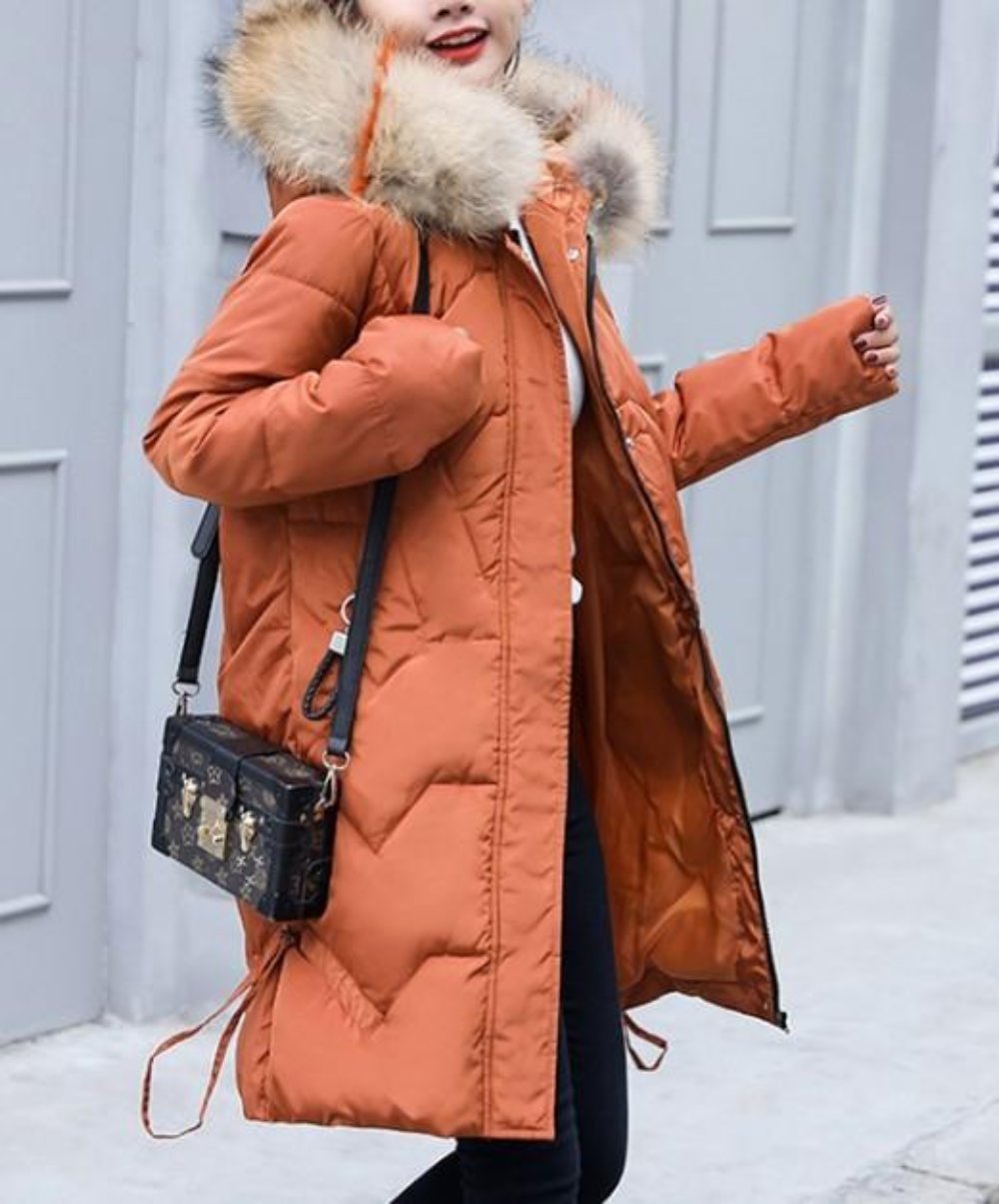Black Casual Puffer Jacket with Faux Fur Trimmed Hood for Women