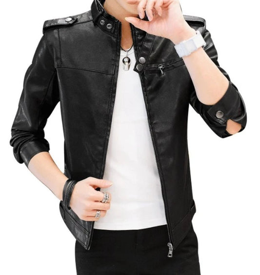 Faux Leather Motorcycle Jacket with Stand Collar for Men: black jacket, minimal moto-inspired style