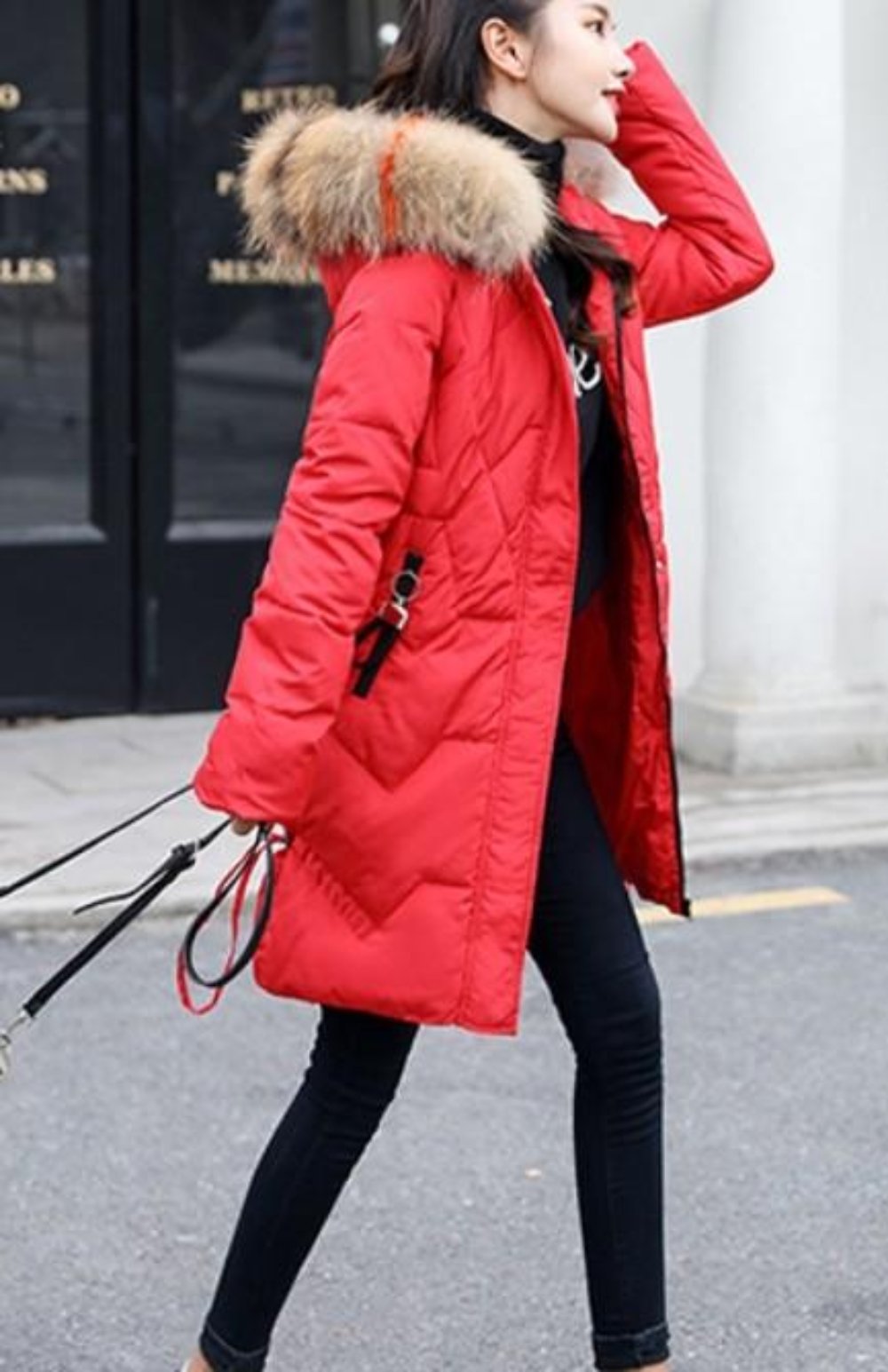 Pink Casual Puffer Jacket for Women with Faux Fur Trimmed Hood