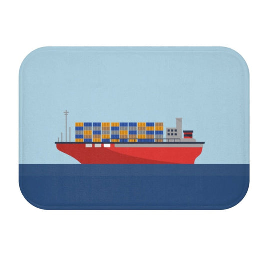Ocean Cargo Ship and Containers Bath Mat: light blue, dark blue cargo ship, minimal cartoon style