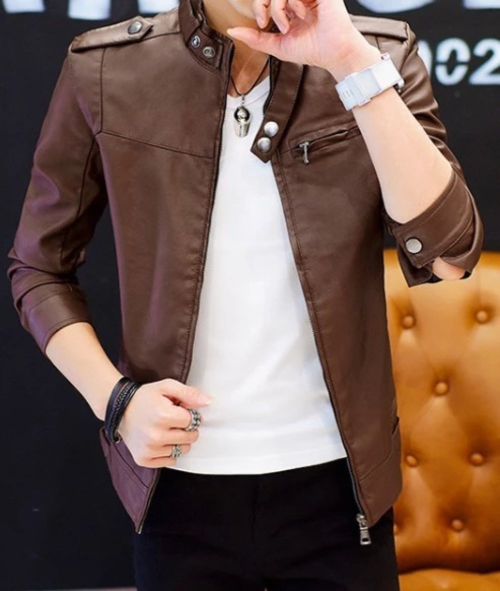 Faux Leather Motorcycle Jacket with Stand Collar for Men