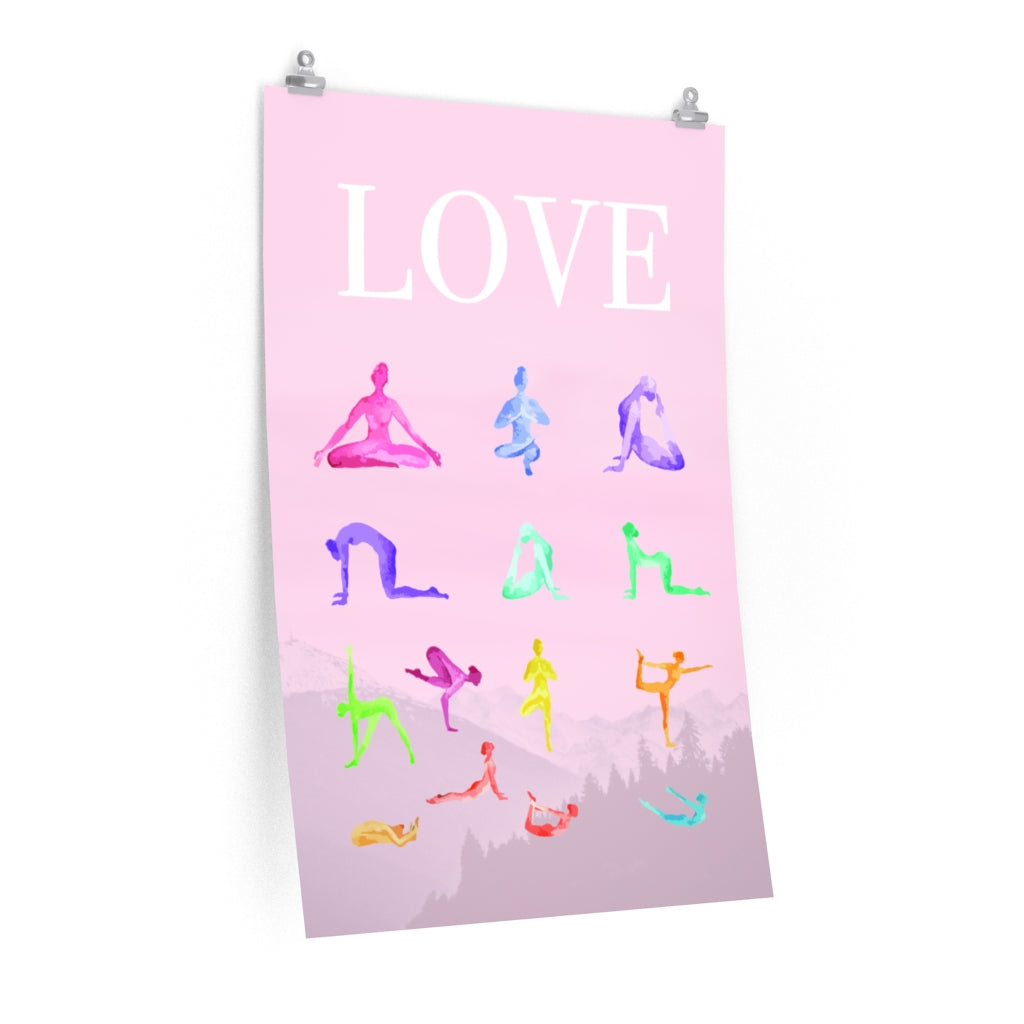 Premium Matte Poster Featuring 14 Yoga Poses for a Mindful Practice of Love