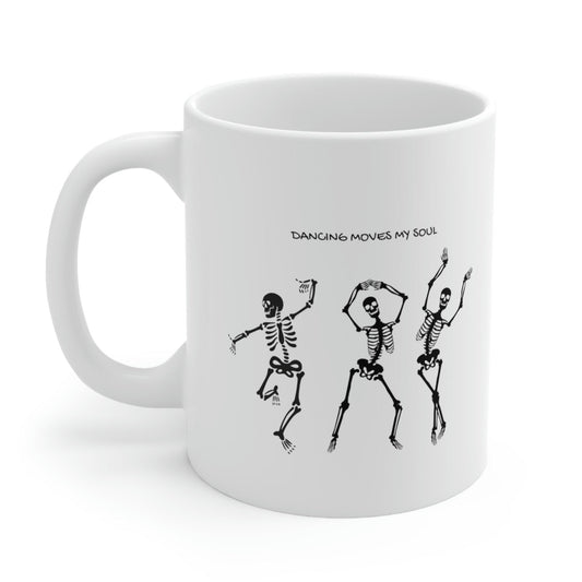 Dancing Skeletons Mug: white, black three dancing skeleton characters, cartoon graphic style