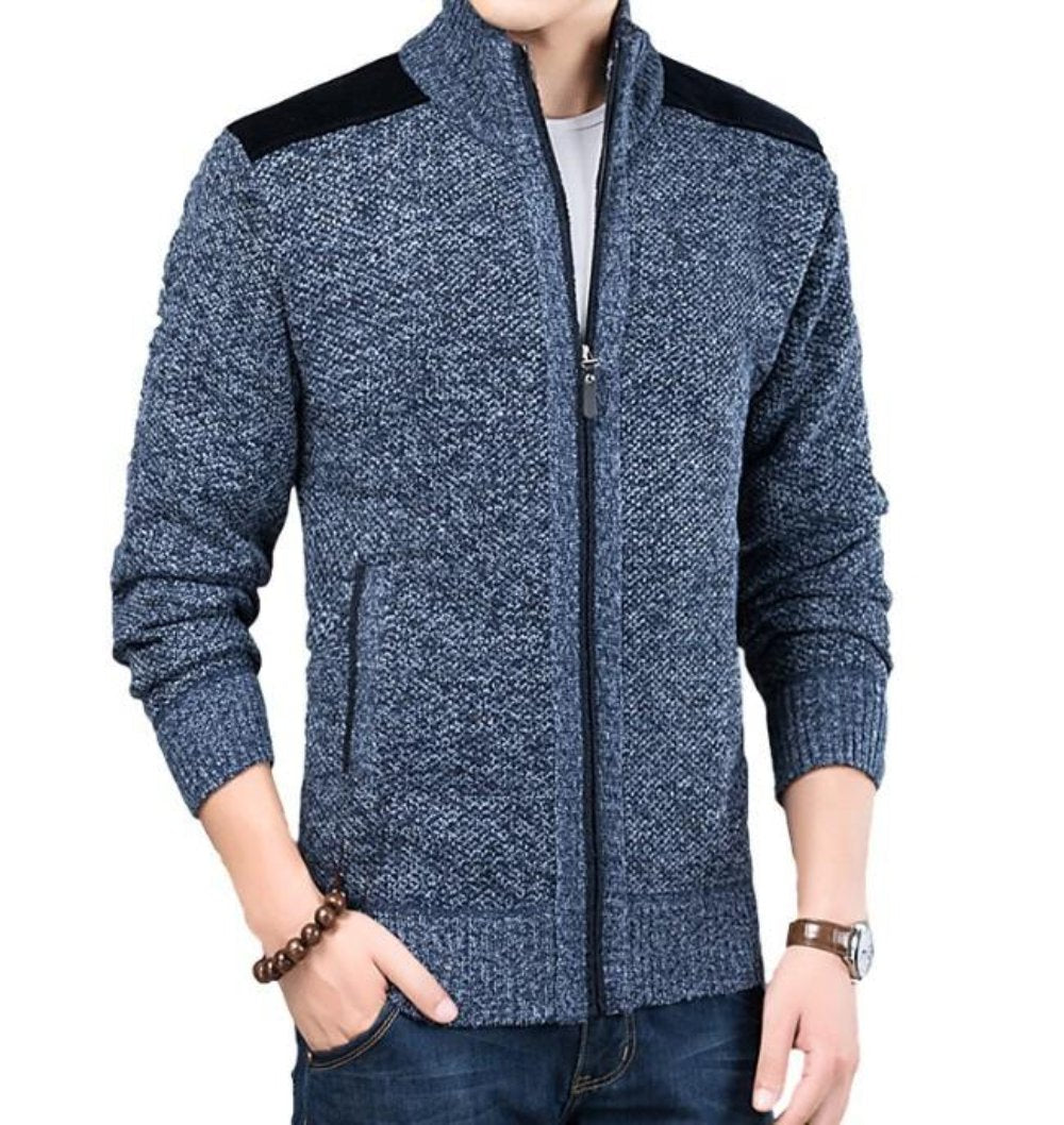 Blue Cardigan for Men with Zip Closure and Elbow Detailing