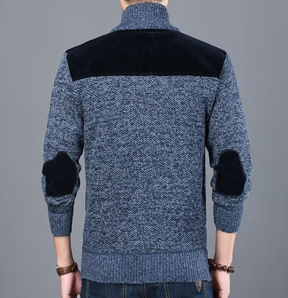 Men's Cardigan with Elbow Patch and Zipper Closure
