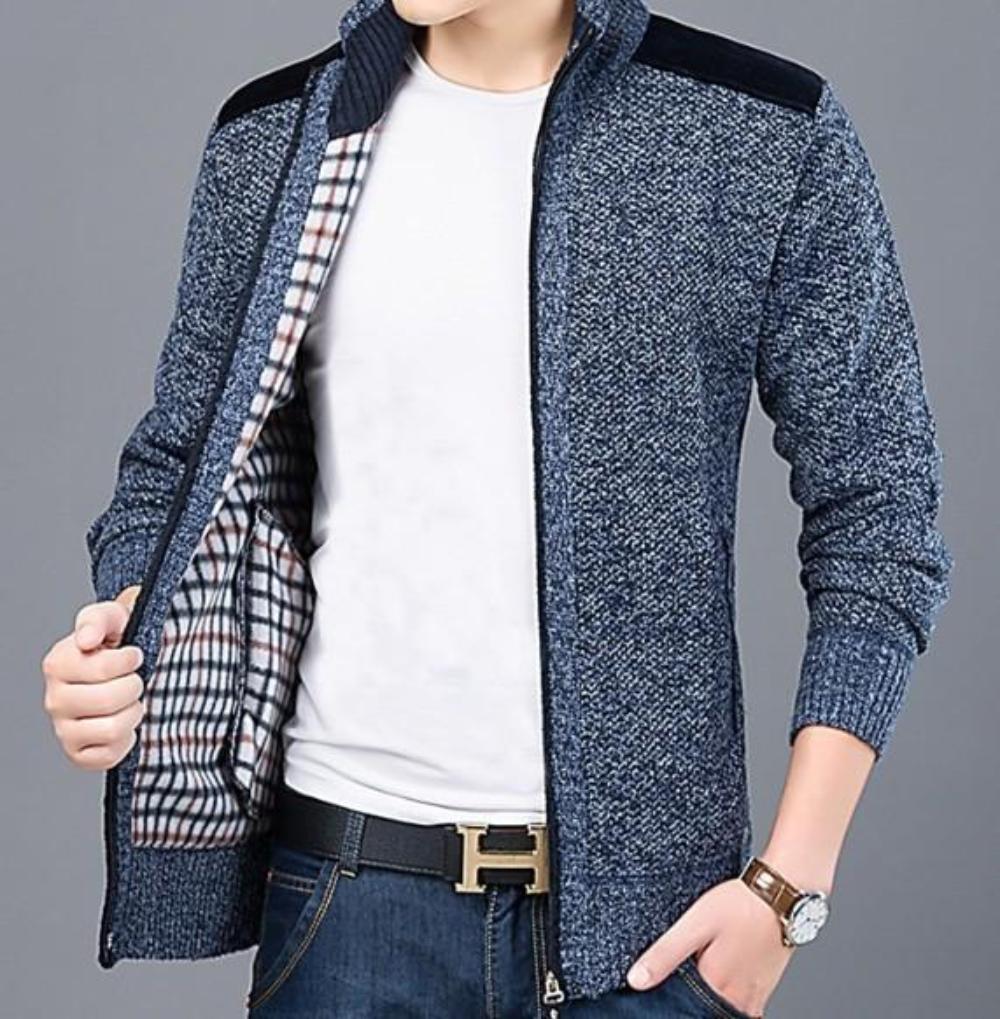 Men's Cardigan with Elbow Patch and Zipper Closure