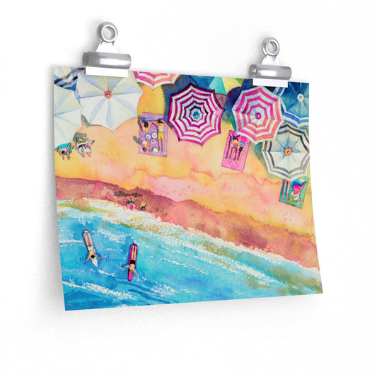 Colorful Beach Day Premium Horizontal Matte Posters, Available in 5 Sizes: blue, turquoise beach scene, colorful watercolor i