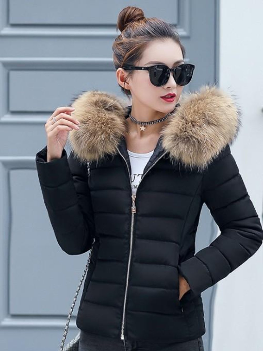 Slim-Fit Zippered Winter Coat with Hood for Women