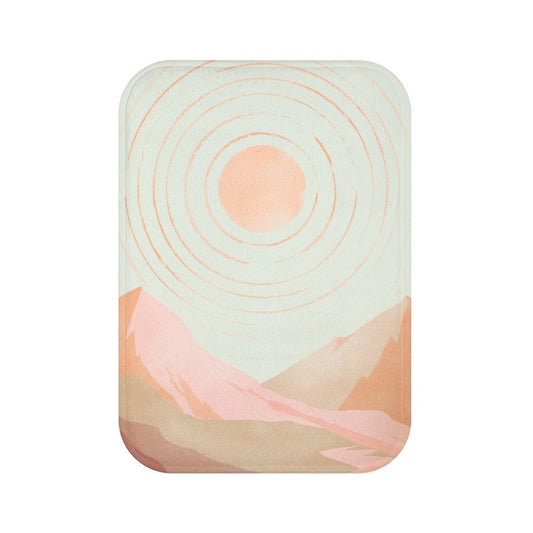 Desert Sun Bath Mat, Pink Home Accents: pale mint green, peach abstract sun and mountain landscape, minimal abstract landscap