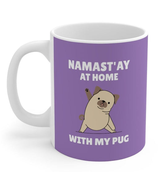 Stay Home with My Pug Coffee Cup: purple, white pug dog, cartoon style
