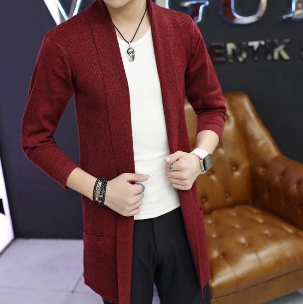 Red Shawl Collar Cardigan for Men with a Mid Length Fit