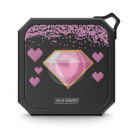 Retro Pixel Waterproof Bluetooth Speaker with Cute Dragon and Jewel Design: black, dark gray pink diamond and hearts, cartoon