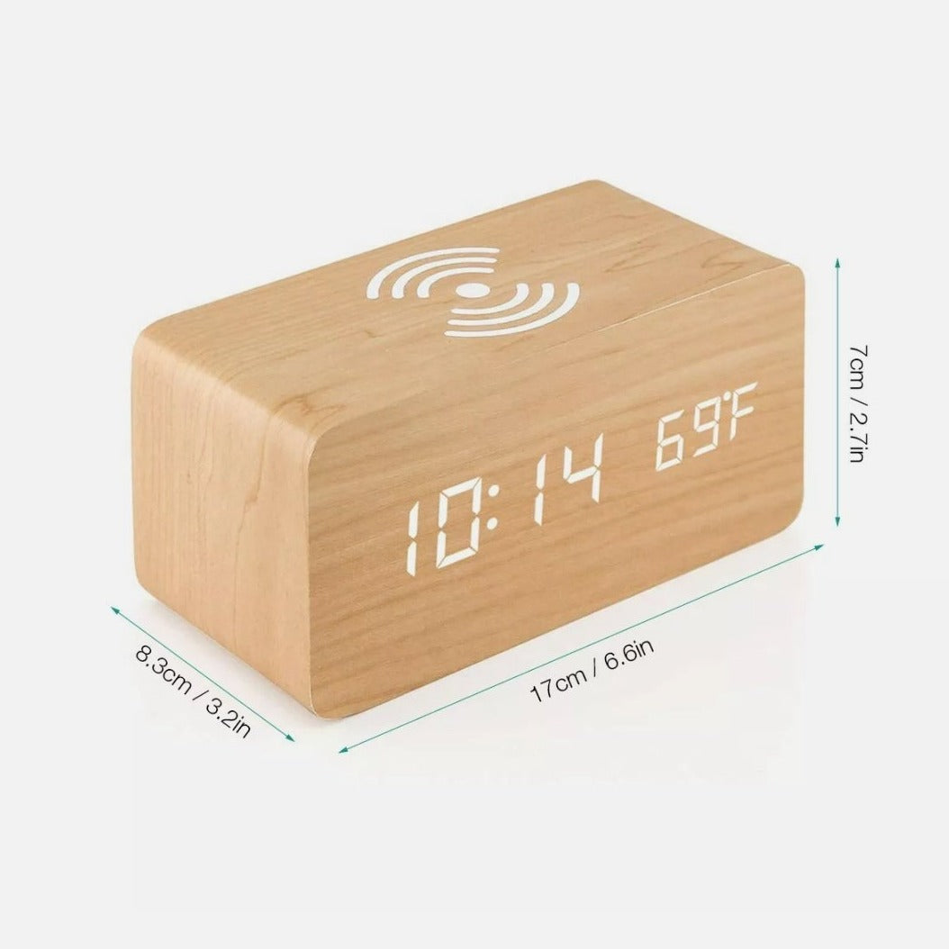 Digital Alarm Clock with Wireless Phone Charging Pad made of Wood
