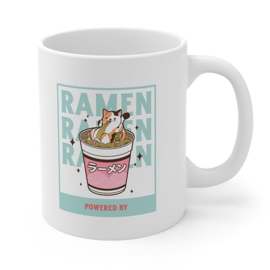 Powered by Ramen Unique Mug: white, mint green ramen bowl with a small cartoon animal character, cartoon kawaii style