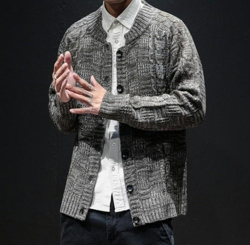 Gray Men's Button-Front Crew Neck Cardigan