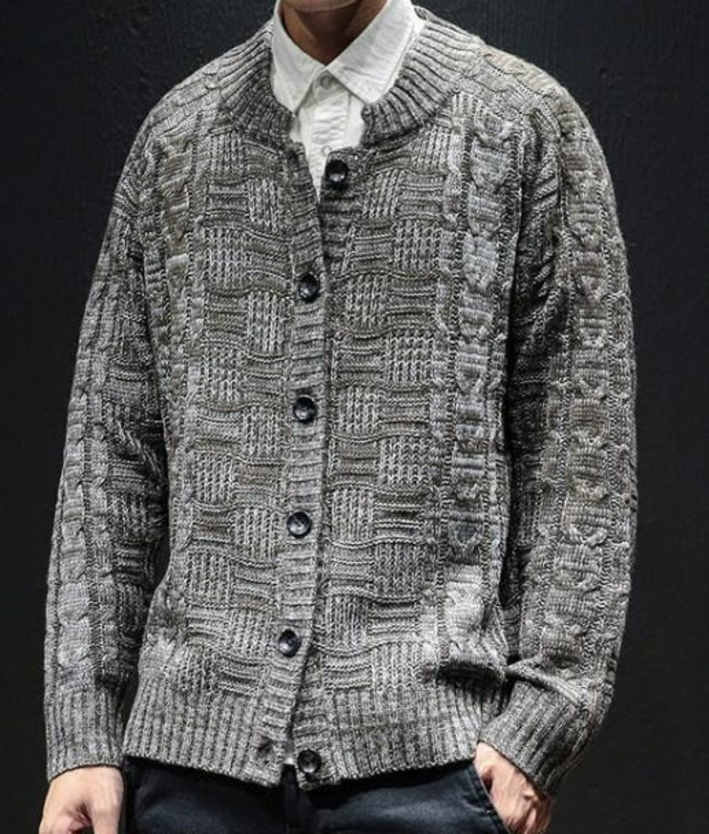 Gray Men's Button-Front Crew Neck Cardigan