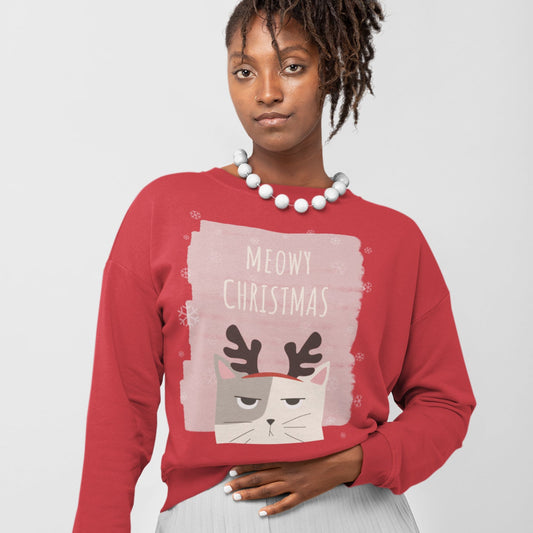 Meowy Christmas Women's Pullover Sweatshirt: red, pink cat Christmas theme, cartoon festive style