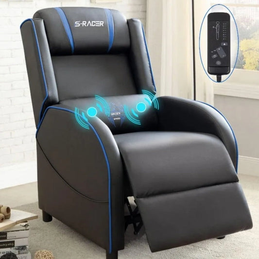 Massage Gaming Chair with Lumbar Support and Reclining Feature: black, dark gray reclining massage chair, modern gaming-inspi