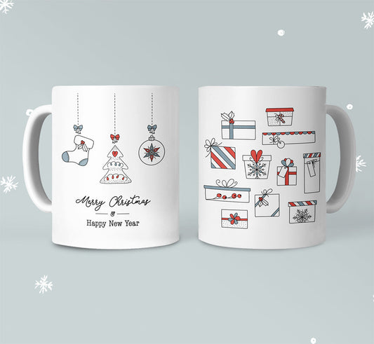 Festive Mug with Gift-Filled Stockings for Christmas: white, red Christmas holiday theme, minimal hand-drawn holiday illustra