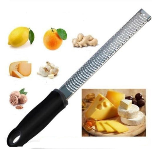 Stainless Steel Multi-Purpose Fruit and Cheese Peeler: silver, black handheld grater/zester, minimal kitchen utensil product
