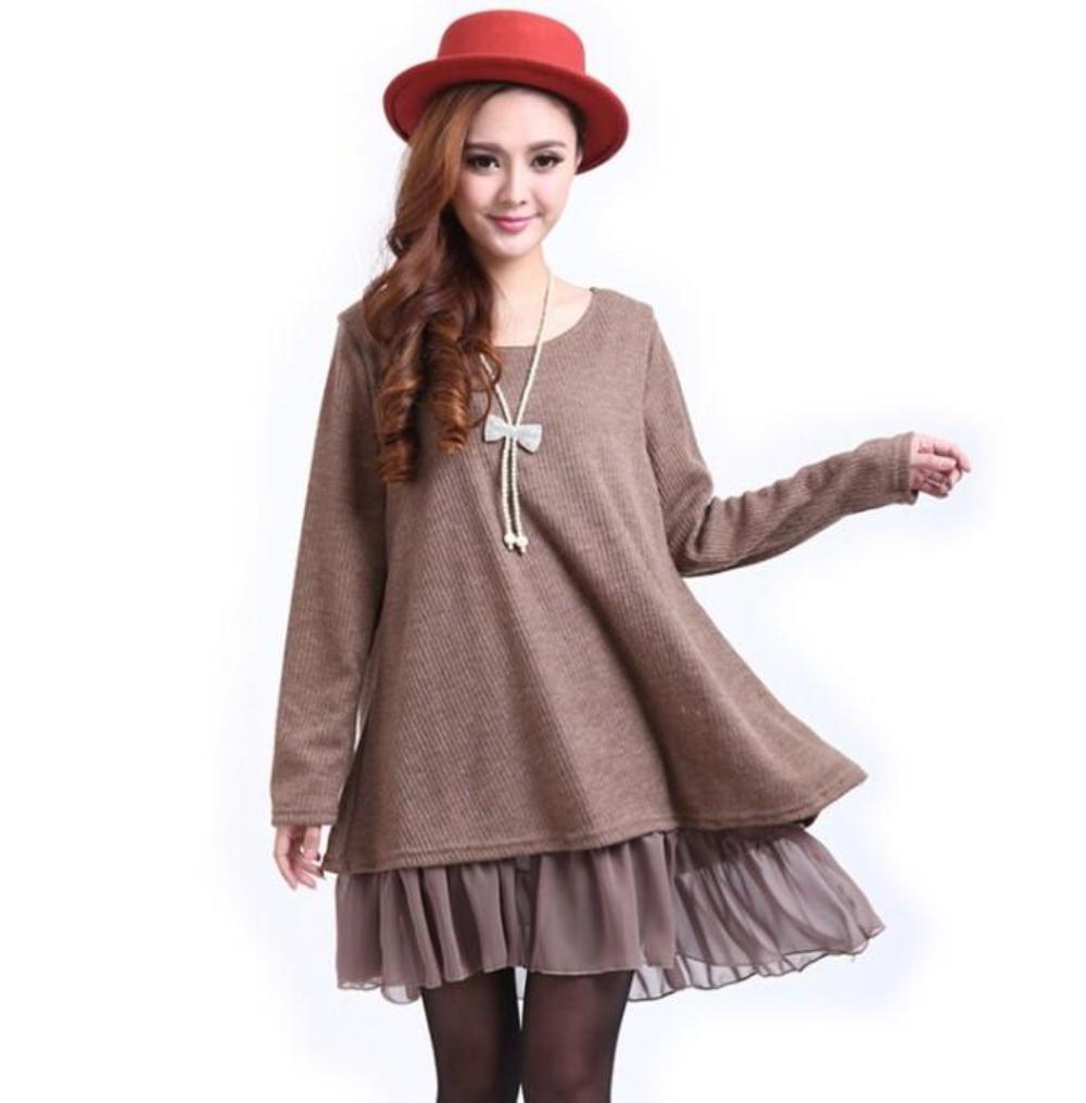 Navy Blue Layered Sweater Tunic Dress with Ruffle Detail for Women