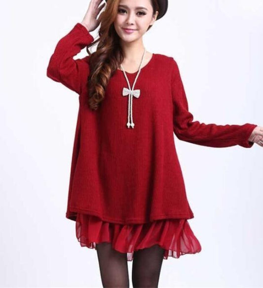 Red Frill-Trimmed Layered Tunic Dress for Women