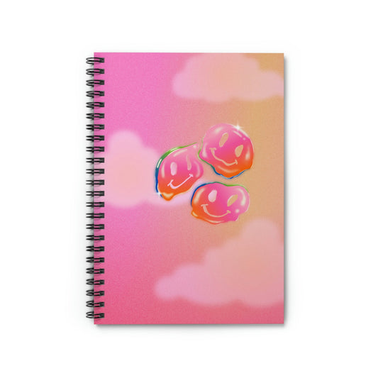 Spiral Notebook with Joyful Smiles: pink, peach three pink smiley-face blobs, cartoon, colorful, glossy style