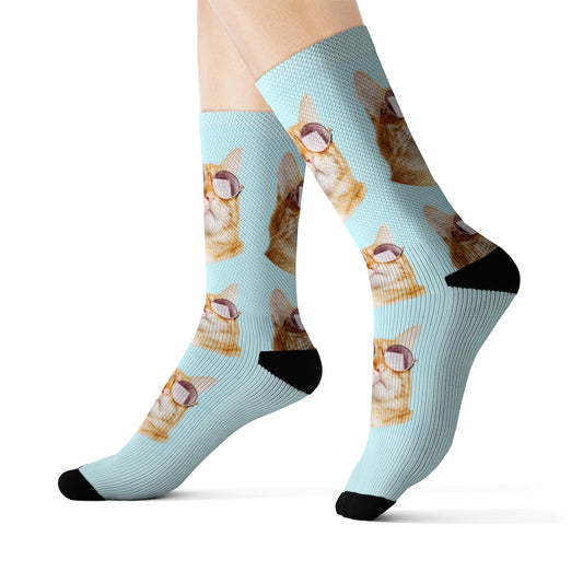 Socks with Cool Cat Wearing Shades: light blue, orange orange tabby cats wearing sunglasses, playful cartoon novelty style
