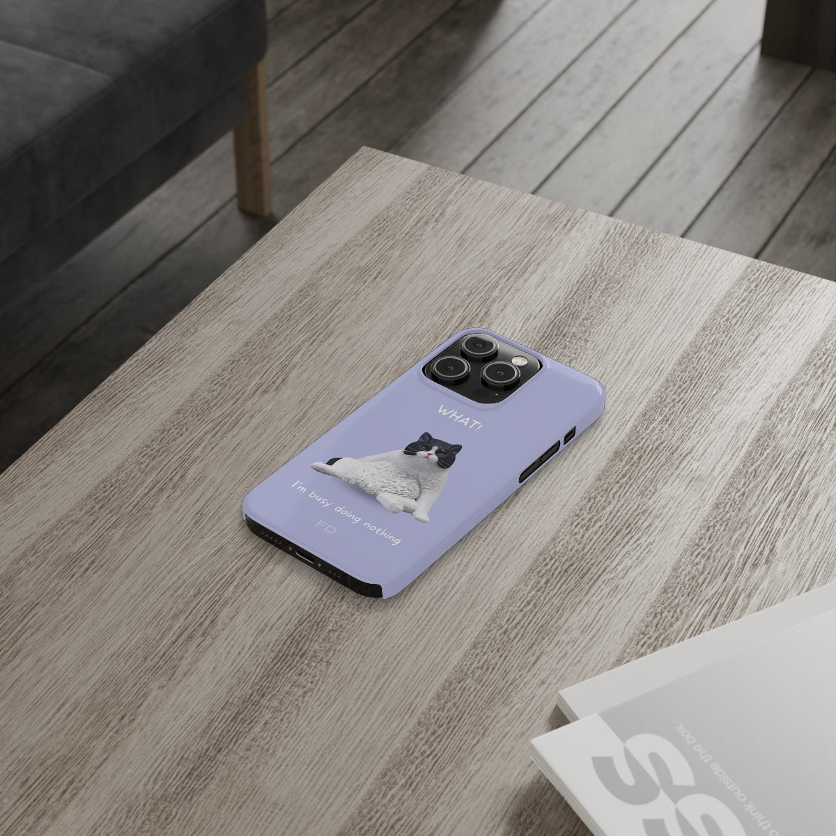 Humorous Feline Design Lavender Sleek Case for iPhone 14, 14 PRO, and 14 PRO MAX