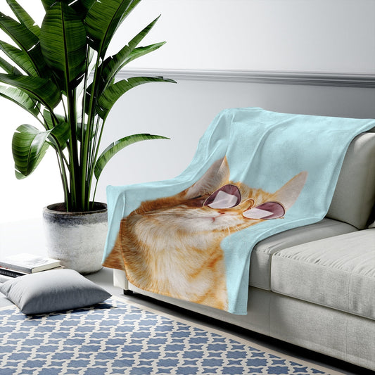 Rules of the Feline Kingdom Velveteen Plush Blanket: light blue, orange orange cat, realistic animal print style