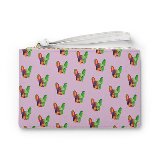 Pug Dog Theme Vegan Zippered Clutch Purse: light pink, white dog heads (French bulldog-like), colorful cartoon pop-art style