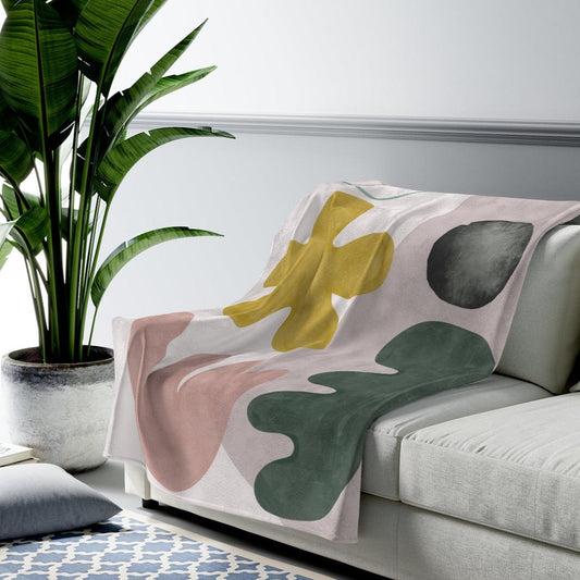 Plush Throw with Geometric Patterns: pale pink, mustard yellow abstract botanical leaf pattern, minimal modern botanical styl